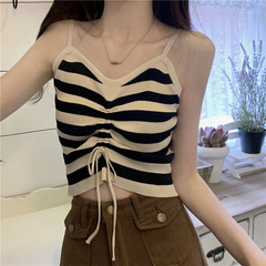 Striped drawstring knitted small camisole women's 2023 summer design sense inner bottoming hot girl short top trendy