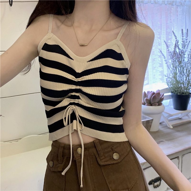 Striped Drawstring Knitted Camisole for Women, 2025 Summer Design, Stylish Inner Layer, Short Top for Trendy Girls