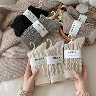 25 Spring and Autumn Anti-Pilling Cashmere Twist Women's Mid-Calf Socks Trendy Easiest for Match High-Looking Forest Style Solid Color Japanese Style Confinement Socks