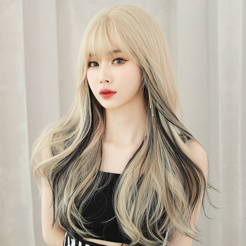 Factory wholesale wig women's new long curly hair full head cover European and American style neat bangs highlights fashion big wave hair cover