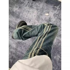 三条杠织带水洗复古牛仔裤男款直筒宽松阔腿美式高街裤子潮牌痞帅