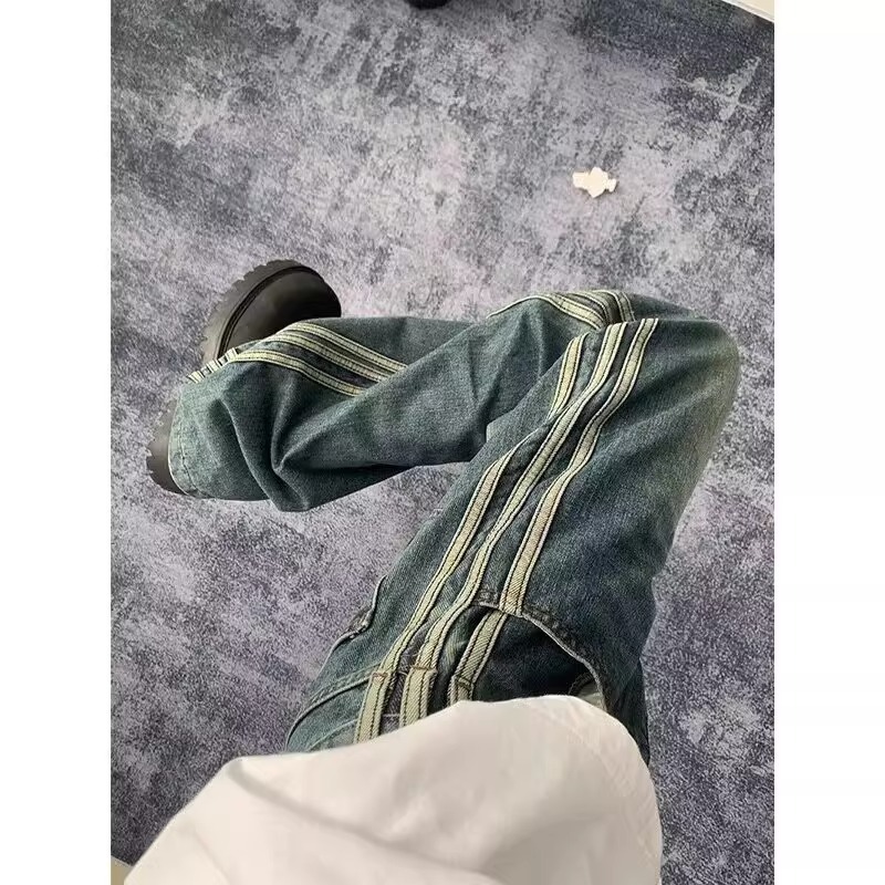 三条杠织带水洗复古牛仔裤男款直筒宽松阔腿美式高街裤子潮牌痞帅|undefined