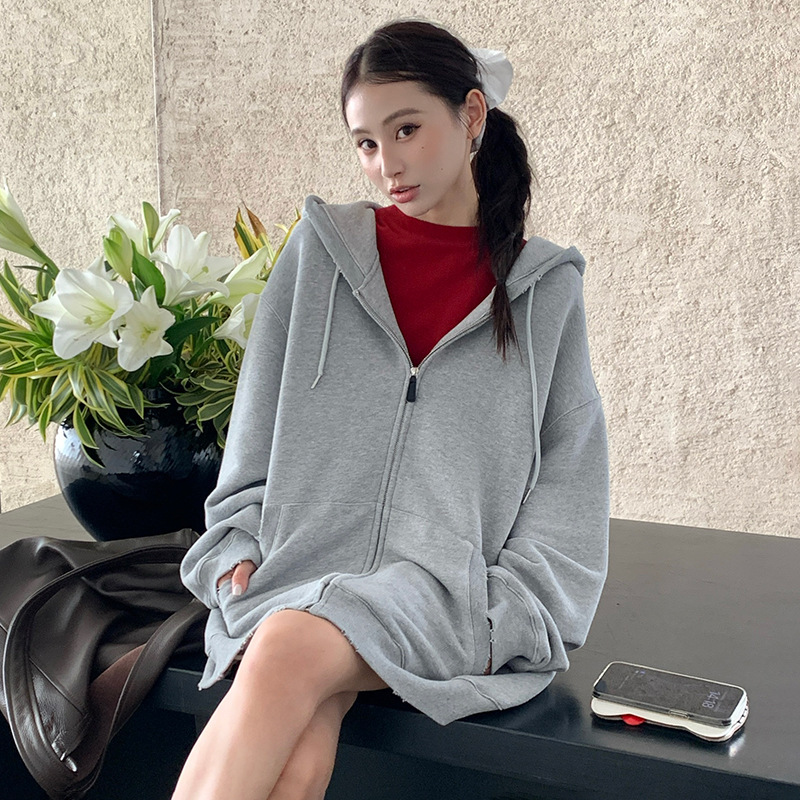 Early Spring Terry Sweatshirt Jacket for Women, New Korean Style Zipper, Lazy Style, Loose, Trendy, Personalized, Hooded, Solid Color Cardigan