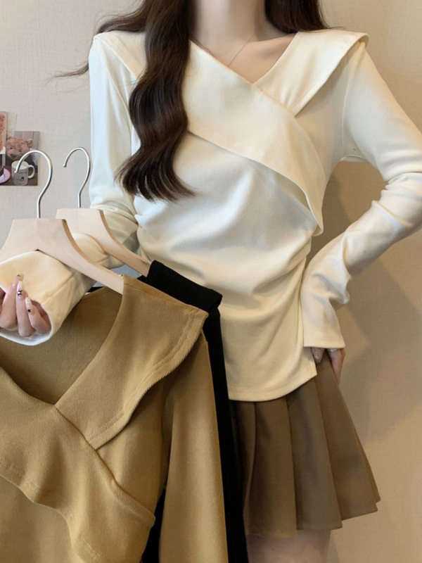 不规则v领长袖t恤女秋季新款大码胖mm打底衫遮肚子纯欲风短款上衣|undefined