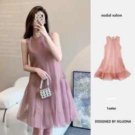 小个子粉色a字蓬蓬花苞无袖背心短裙夏季新款海边度假网纱连衣裙