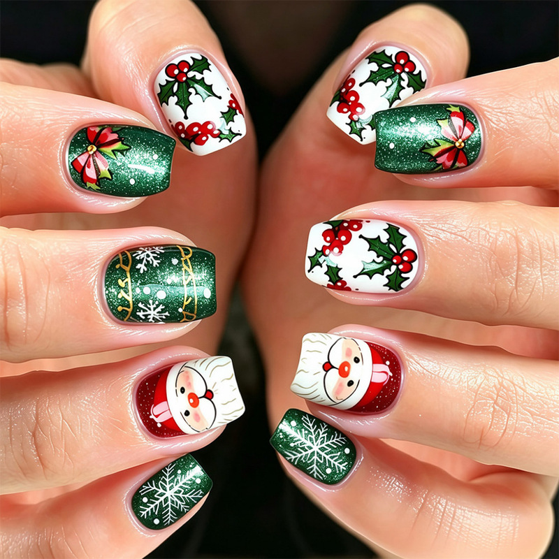 Short, Shimmering Square Nails, European and American Style, Red and Green Santa Claus Snowflake Christmas Press-On Nails Wholesale