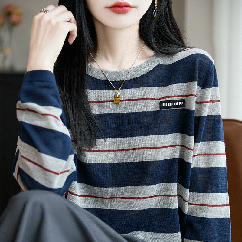 条纹圆领长袖t恤女2025新款韩系松弛感慵懒风设计感小众女装上衣|undefined