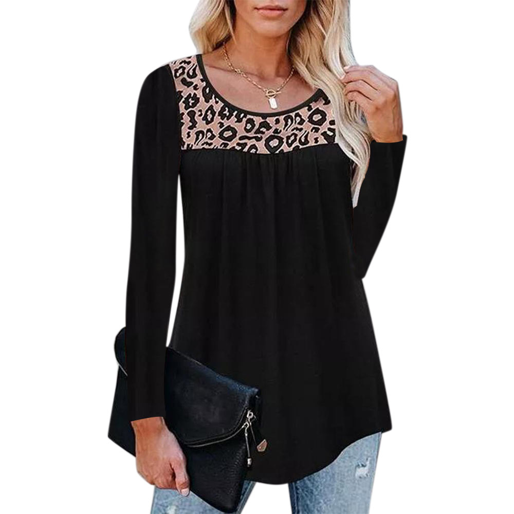 Camiseta de manga larga con cuello redondo suelto con costura de leopardo para mujer, ropa de nihaostyles al por mayor NSLZ77515