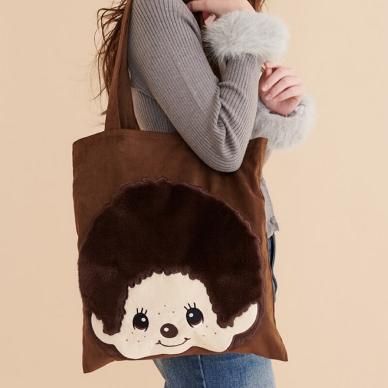 In-Stock Cartoon Monchhichi Plush Embroidered Shoulder Bag Cute Girls' Tote Bag for Work, Students, Tutoring, and Storage