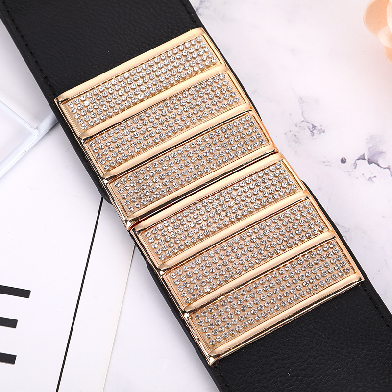 Cinturón elástico ancho con hebilla decorativa de moda informal para mujer, cinturón de vestir con chaqueta de plumas_voghion.com