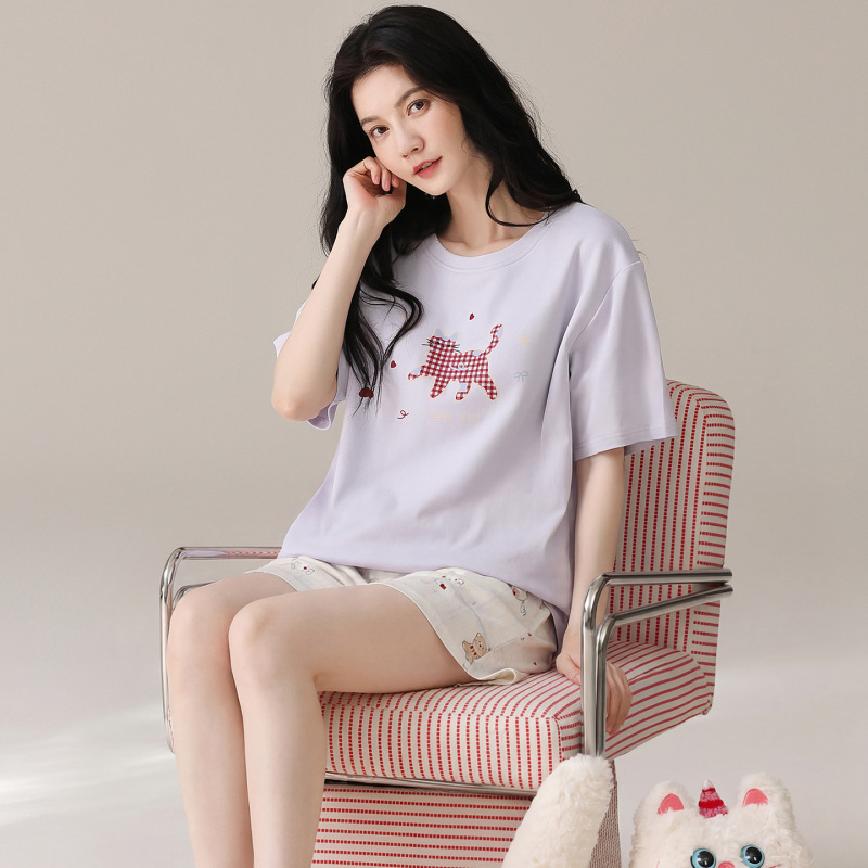 Romantic Purple Padded Pajamas for Women, Summer Cool Cotton Short-Sleeved Home Clothes, Large Size Cartoon Casual Wear That Can Be Worn Outside