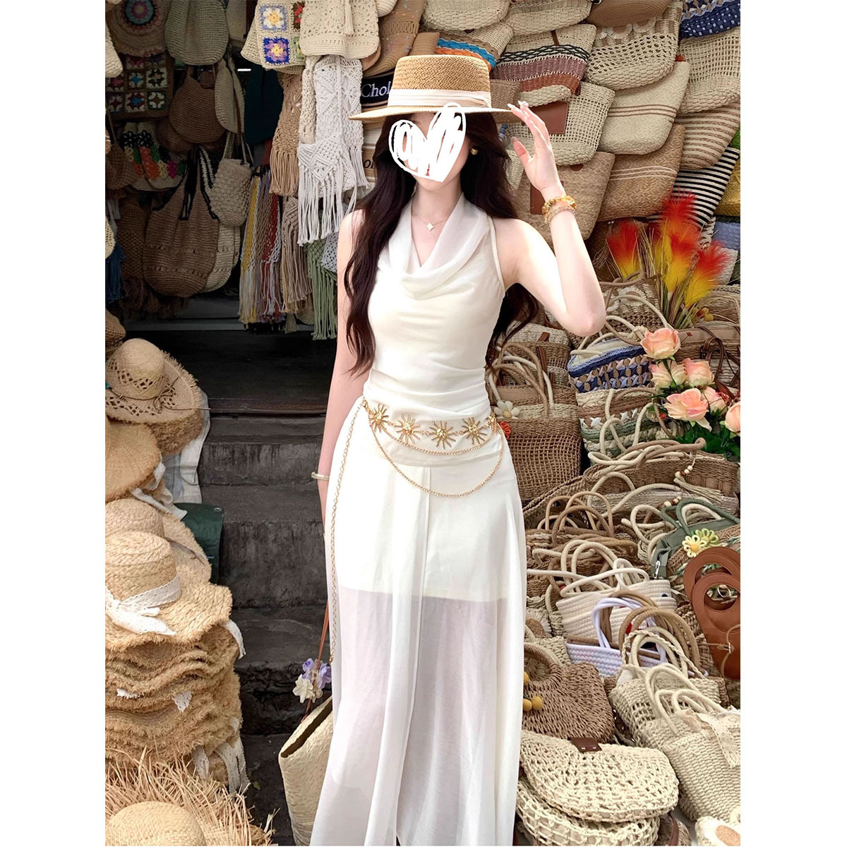 프랑스 스타일 디자인 하이 엔드 민소매 홀터넥 스윙 칼라 레이스 드레스 여성 2025 여름 허리 슬리밍 롱 스커트