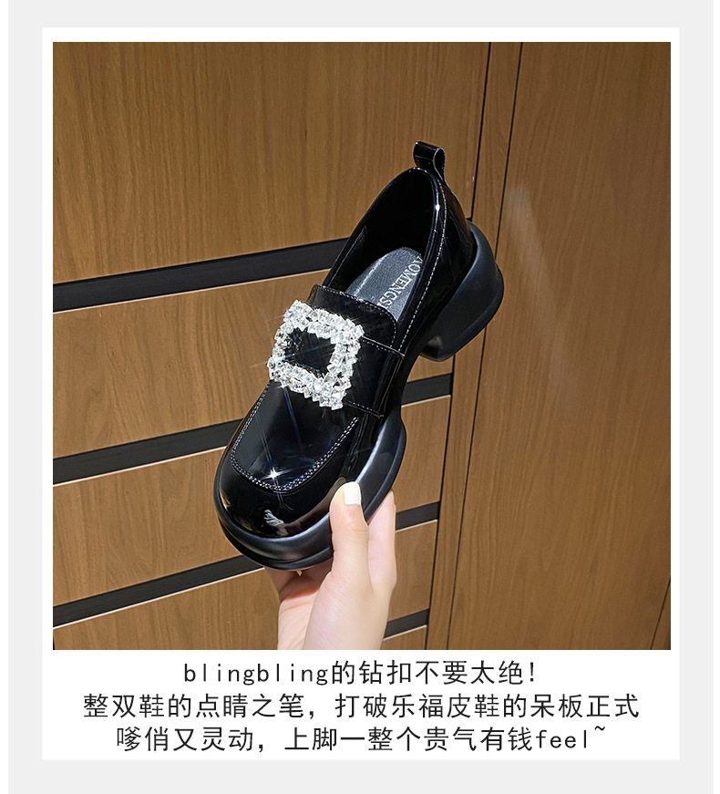 Giày lười nữ đế dày da bóng khóa vuông đính đá, gót thô 3-5 cm — Màu đen chi tiết 7