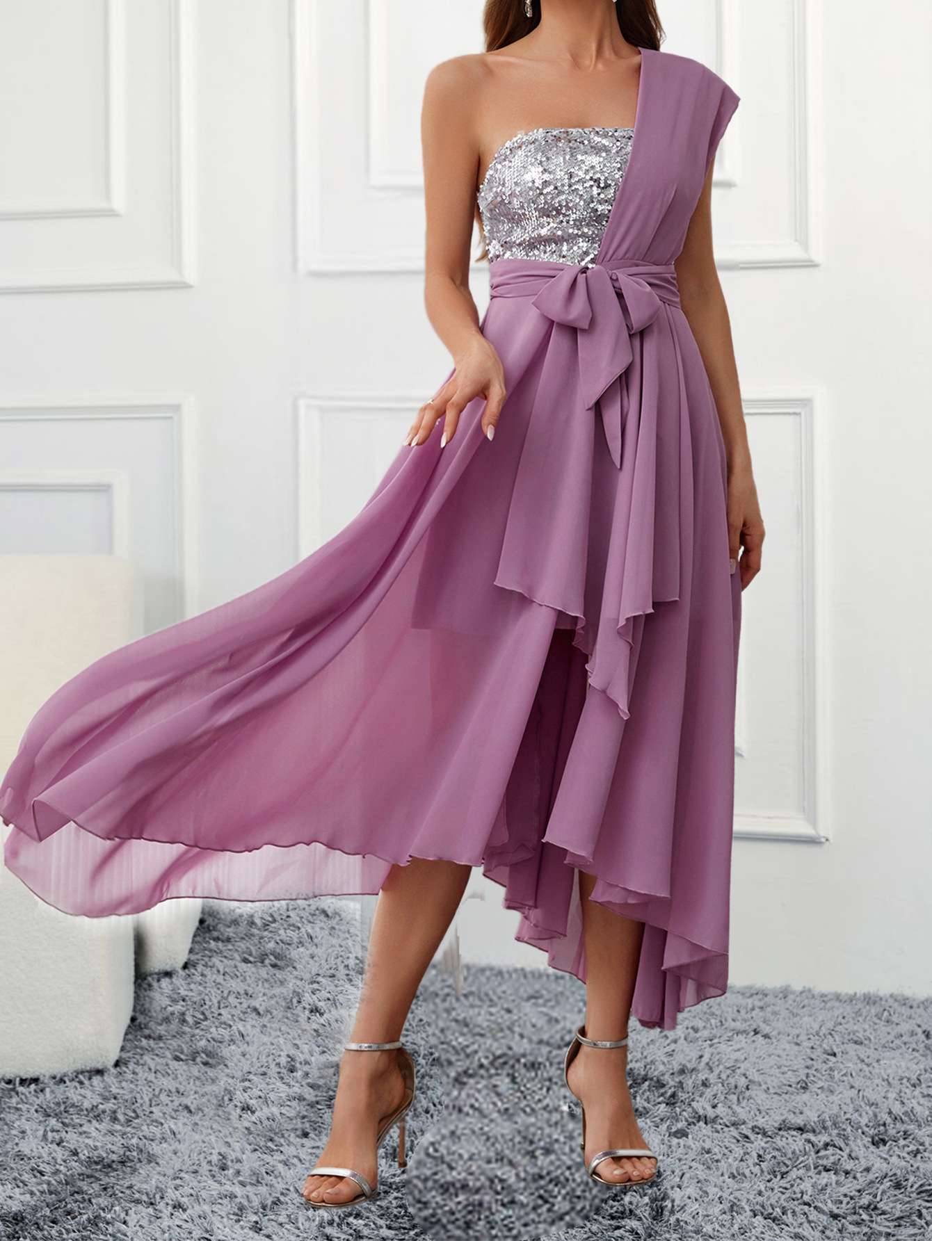 Primavera y verano europeo y americano Comercio exterior nuevo vestido Amazon envuelto pecho lentejuelas gasa gran swing vestido transfronterizo exclusivo