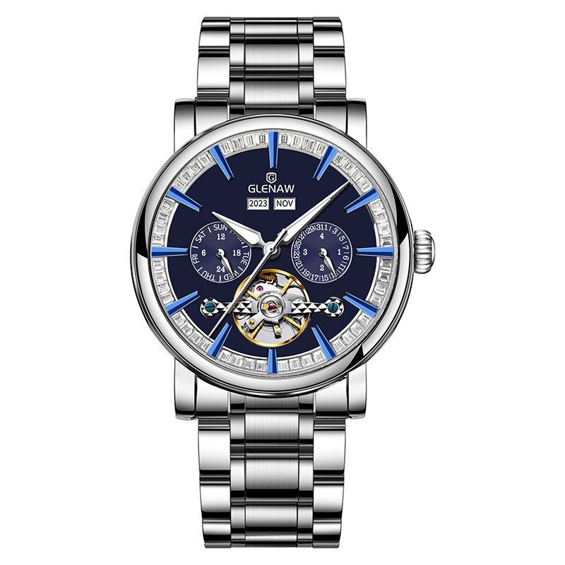 Đồng hồ nam cơ tự động lịch vạn niên chống nước, dây thép không gỉ — 8662 vỏ bạc bề mặt xanh-dải thép bạc, 8662 vỏ bạc bề mặt vàng-thép bạc