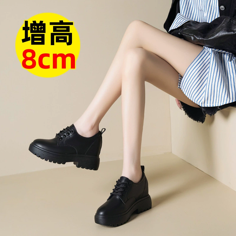 2025 британский стиль Lefu обувь женская осень-зима толстая подошва натуральная кожа увеличена на 8 см кожаная обувь женская черная кожаная обувь шнуровка