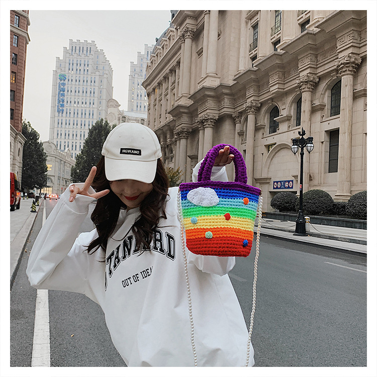 Women's Medium Plush Rainbow Stripe Cute Beading Weave Bucket Open Crossbody Bag display picture 11