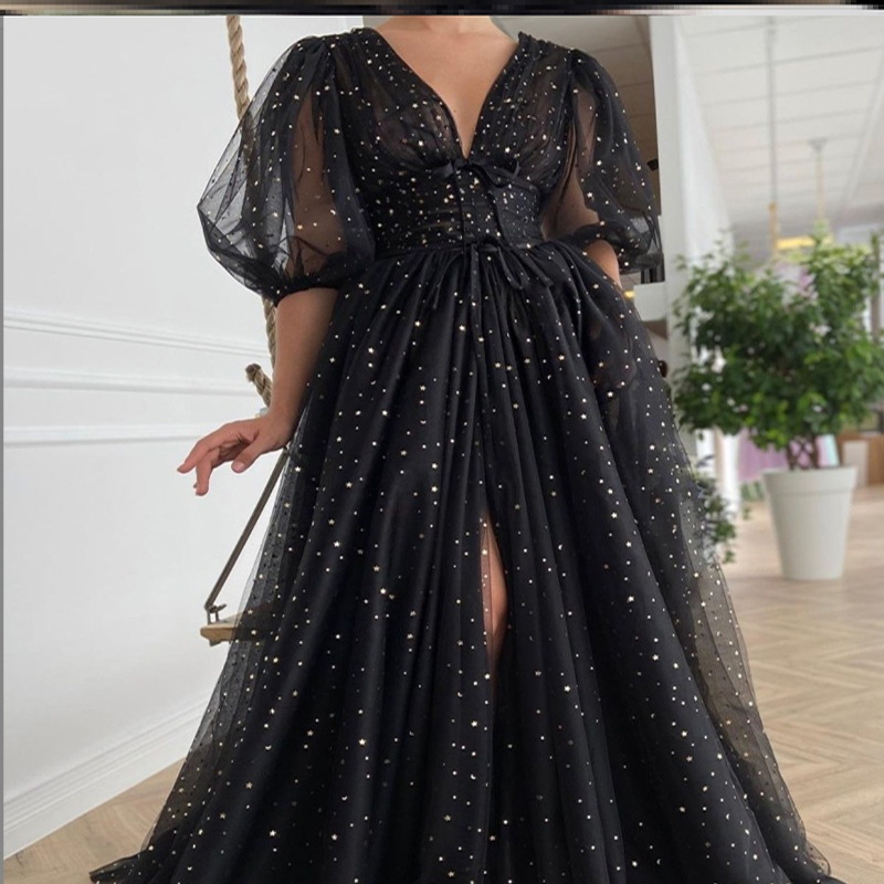 Amazon comercio exterior Europa y América vestido de noche 2026 brillante burbuja manga sexy V profundo vestido de fiesta image 8