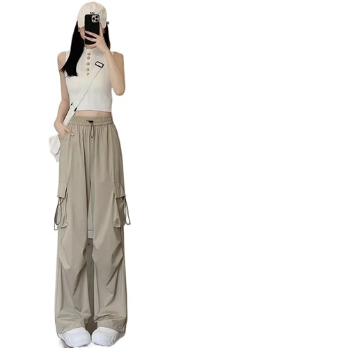 American Style Quick-Dry Work Pants for Women - Spring and Autumn High-Waisted Tuck-in Parachute Athletic Leisure Wide Leg Pants