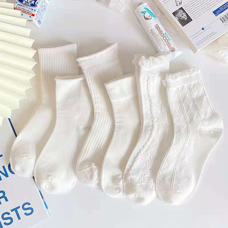 Mid-length Stockings Spring and Summer Solid Color JK Stockings Women's Korean-style Instagram Popular Curl Women's Stockings Japanese-style Lolita White Stockings
