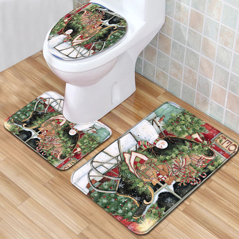 亚马逊新款圣诞马桶套装三件套雪人浴室防滑地垫卧室地毯一件代发