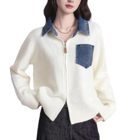 Jeans empalmado con la solapa de punto Cardigan de mujer otoño nuevo falso dos piezas con cremallera adelgazante abrigo de suéter casual universal