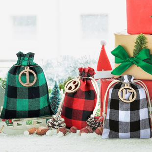 New Cross-Border Christmas Plaid Cotton Drawstring Bag Christmas Advent Calendar Bag 24 Countdown Cotton Gift Bag
