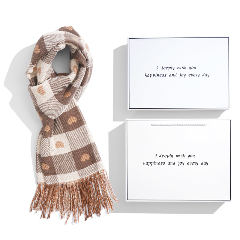 White gift box + brown love plaid scarf