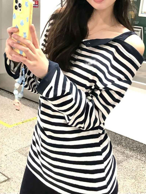 慵懒风甜辣妹条纹露肩长袖T恤女2025秋冬新款设计感修身显瘦上衣|undefined