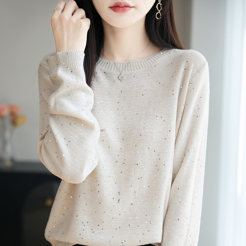 法式亮片精纺毛针织衫女2025新款宽松显瘦打底上衣长袖女装毛衣|undefined