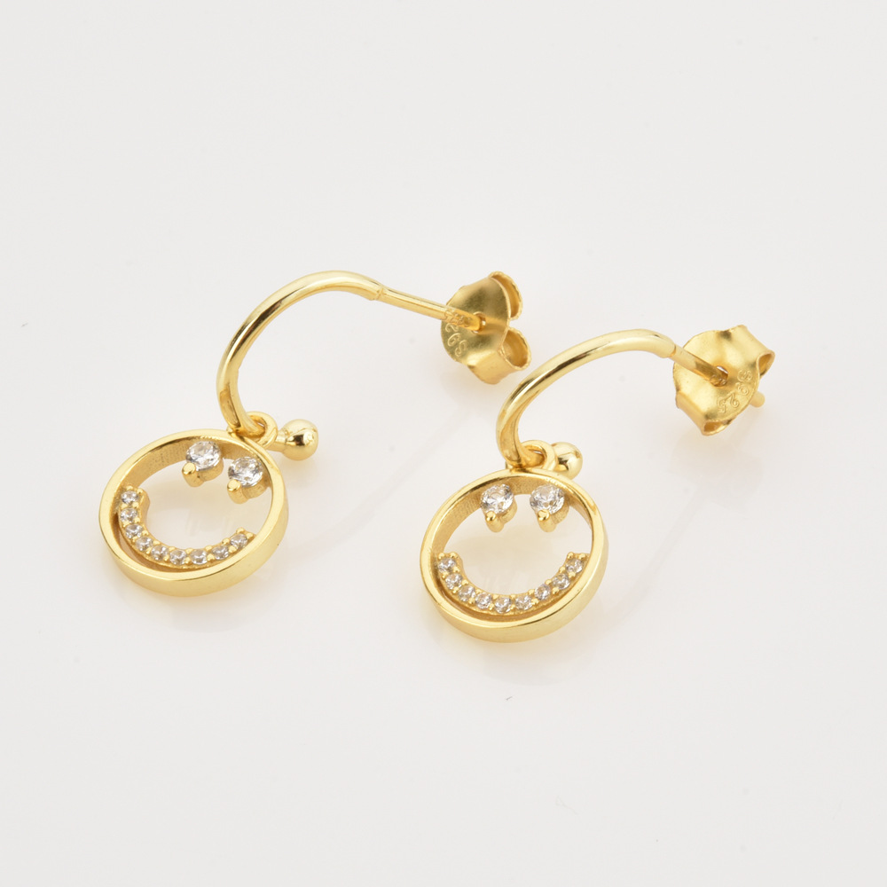 925 Sterling Silver Ear Needle Material 18K Real Gold Plated Plating Material 1 Pair 925 Sterling Silver Zircon Smile Face Planet Drop Earrings