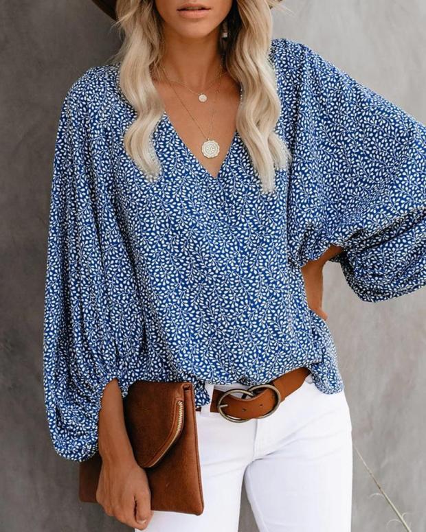 New V-neck Color Lantern Sleeve Shirt NSYD62957