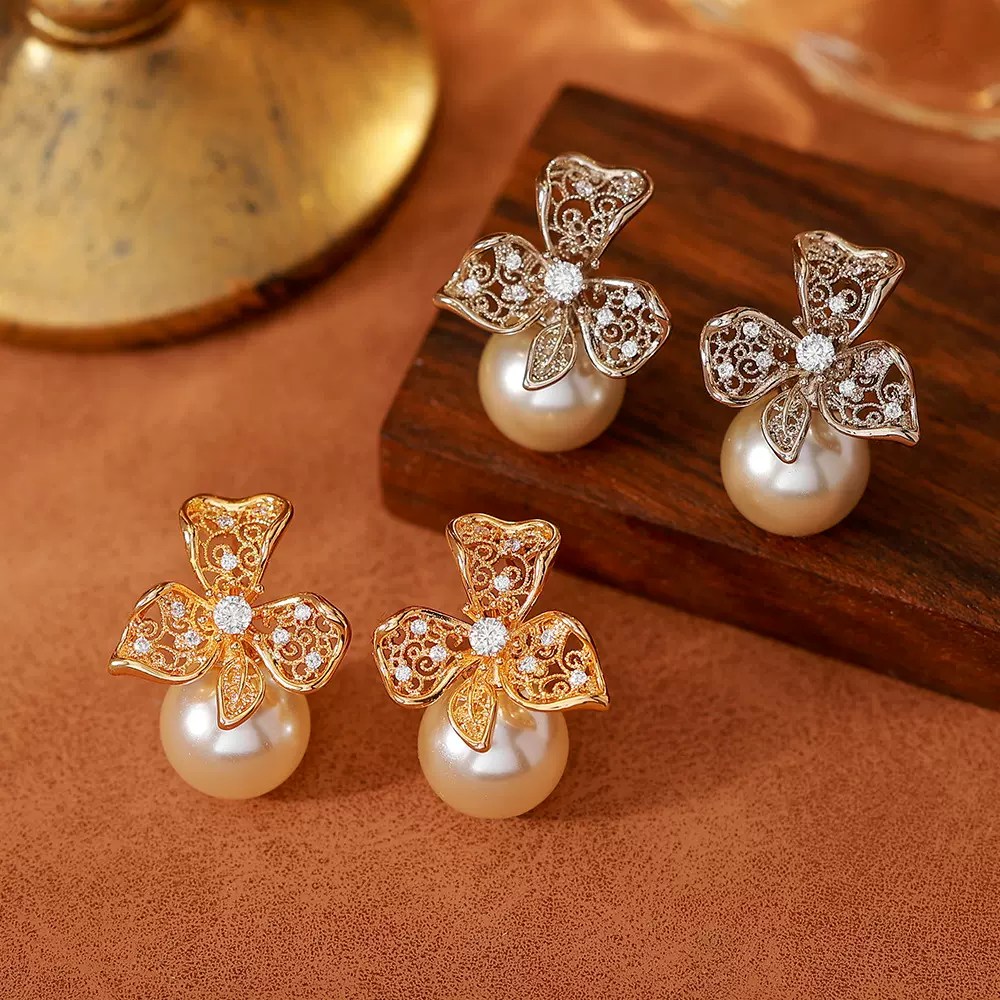 复古摩卡慕斯珠藤蔓镂空花朵耳钉女气质轻奢高级感百搭耳钉耳饰