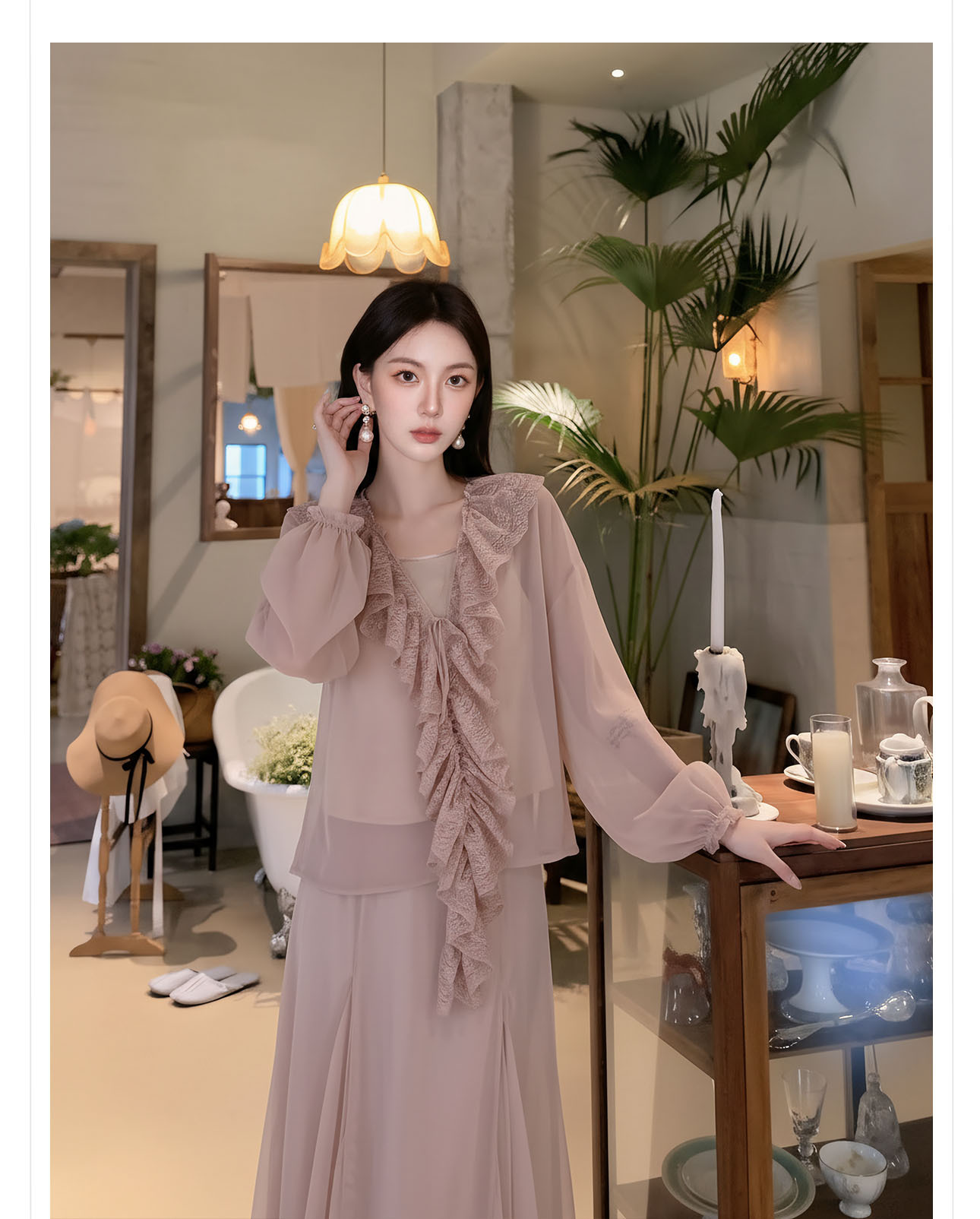 Bộ váy áo sơ mi nữ tay bèo ren + chân váy chữ A xòe phong cách tân cổ điển — Trang chủ, bộ đồ, nửa váy chi tiết 3