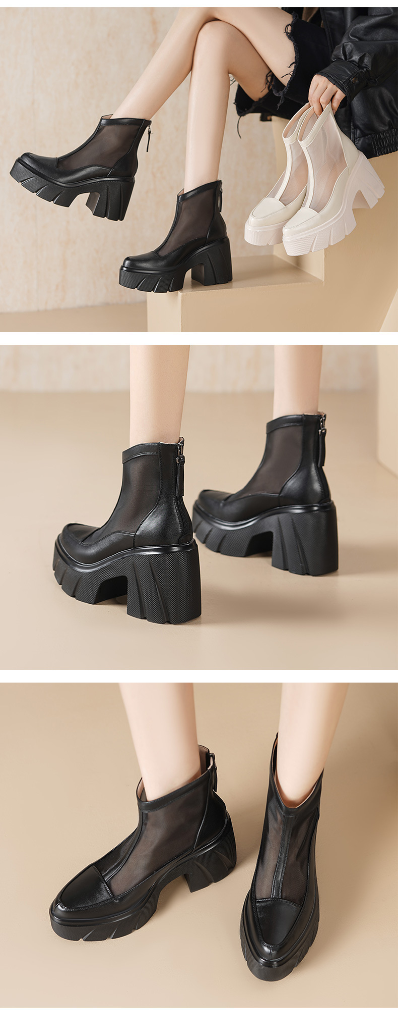 Boot cổ thấp nữ da bò gót vuông 10 cm, đế dày, lưới thoáng khí — màu be, màu đen chi tiết 3