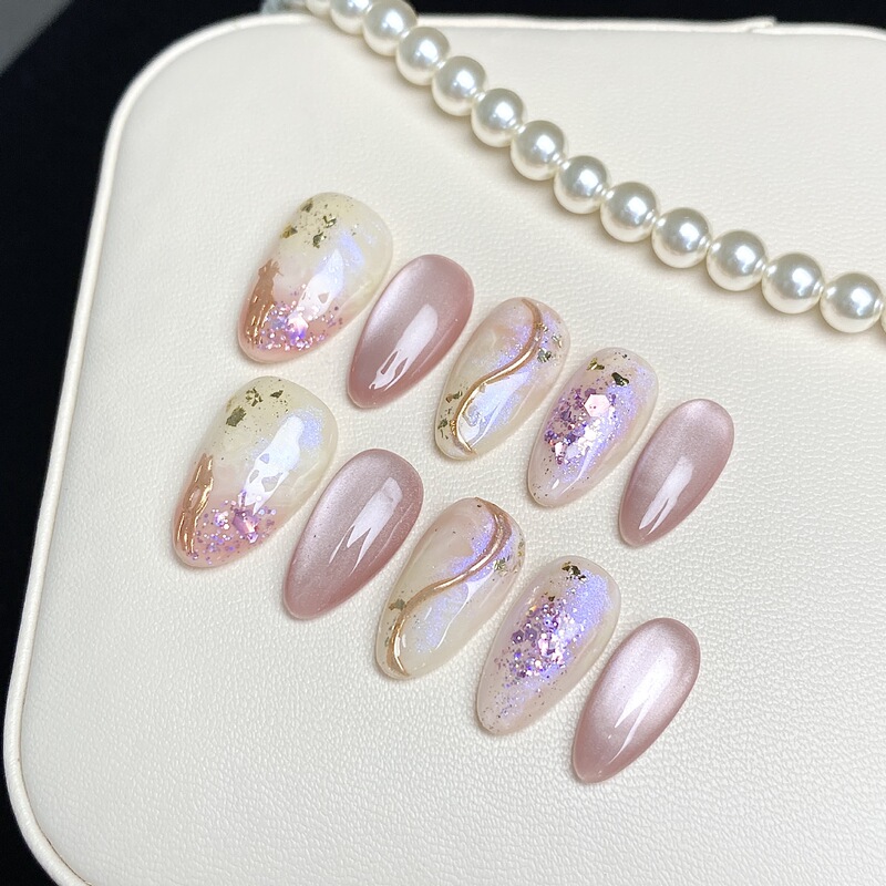 Spring pink floral short almond press-on nails, sweet handmade gradient manicure, enhances elegance and highlights fair skin