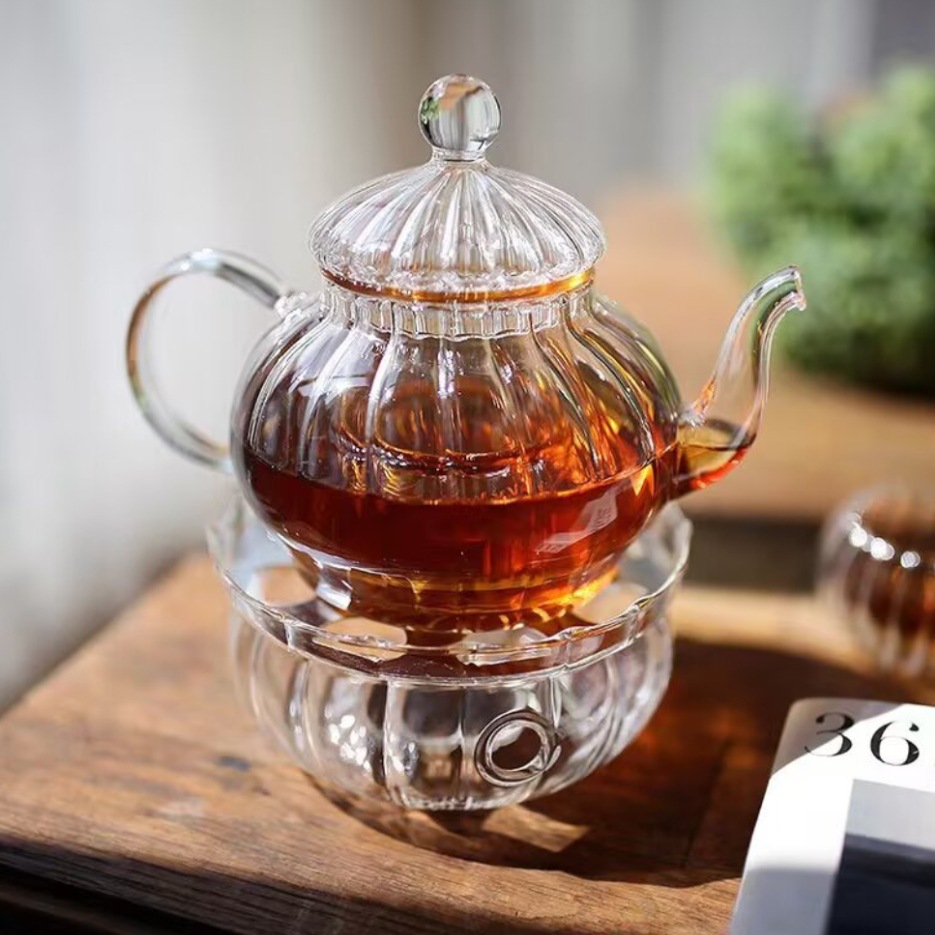 手工吹制高硼硅耐热玻璃茶壶玻璃条纹壶南瓜壶功夫茶具厂家