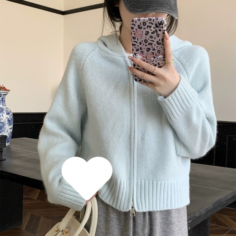 Coreana doble cremallera con capuz de punto Cardigan de mujer otoño invierno exterior diseño sensación perezosa suave abrigo de suéter de aire