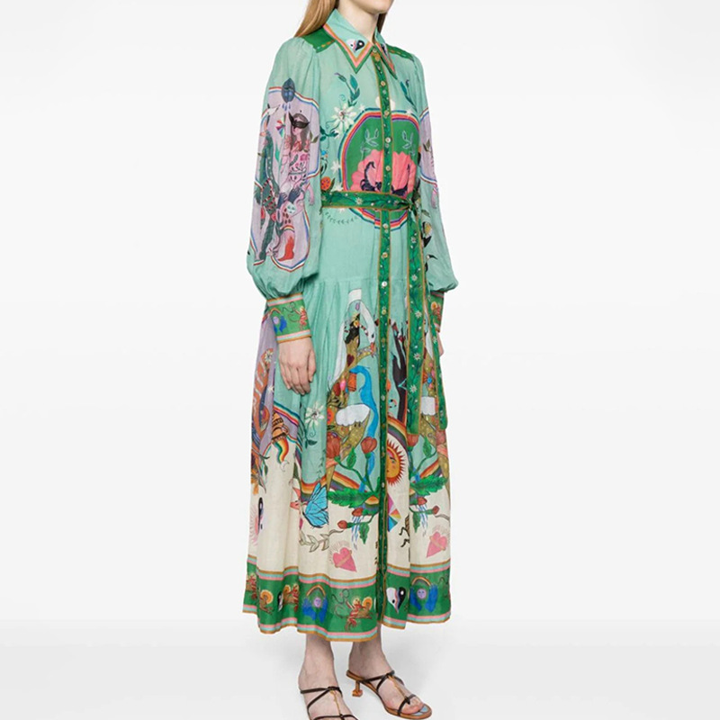 Women's Dress With Personalized Graffiti Lantern Sleeves, Printed Lapel, Cinched Waist And Large Swing_ecoleips.com