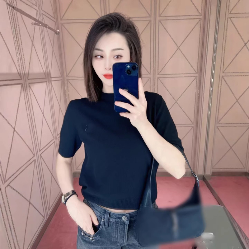 High-End Version g Brand 26 Early Spring New Solid Color Simple Letter Embroidery Round Neck Short-Sleeve Knit Top Casual Women's Shirt High-End Version g Brand 26 Early Spring New Solid Color Simple Letter Embroidery Round Neck Short-Sleeve Knit Top Casual Women's Shirt