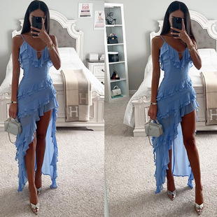 Cross-border foreign trade independent station Amazon 2023 new European and American sexy sling irregular color dress dress