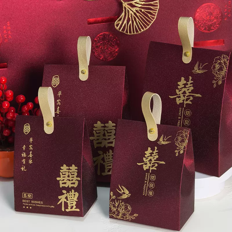 中式新款结婚订婚高级感金聪磨砂烫金手提伴手礼空盒喜糖盒现货批