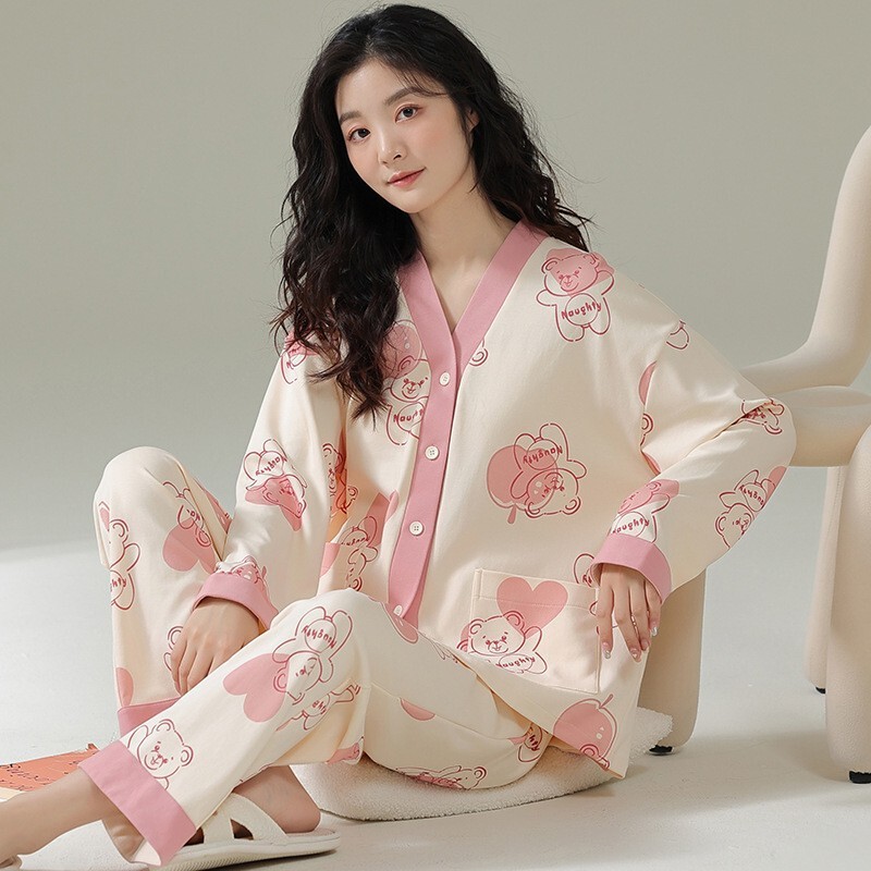 Pajamas Women's Autumn and Winter Cotton Long-sleeved Trousers suit Spring and Autumn Korean-style Cardigan V-neck Kimono Home Wear