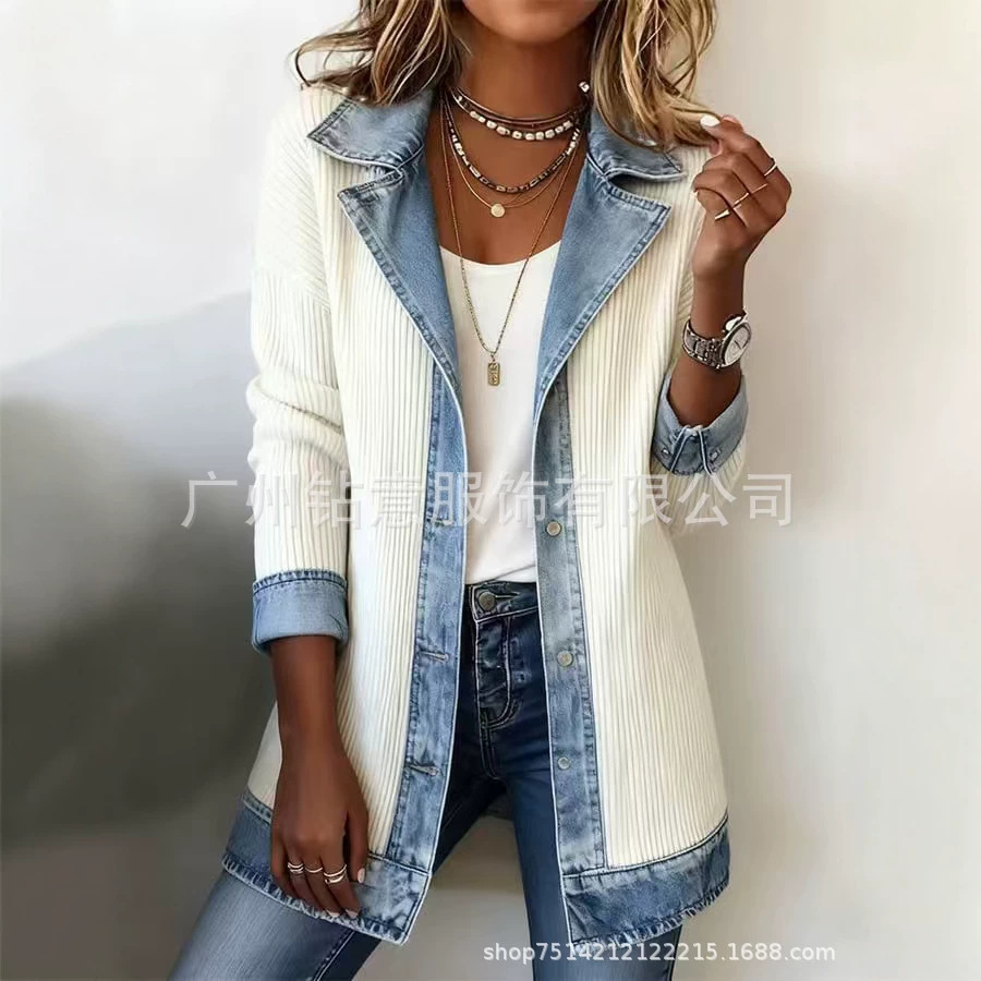 New cross-border foreign trade European and American women's fashion hot-selling elegant slim-fit lapel single-breasted patchwork denim jacket