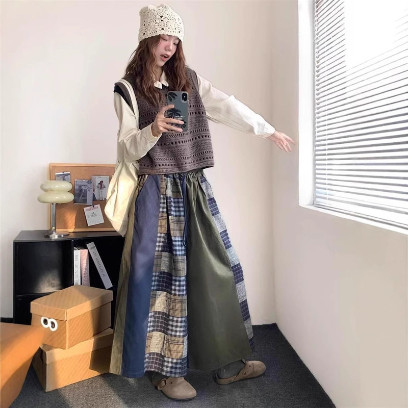 Japanese-style Sanding Plaid Stitching Wide-leg Pants Women's Autumn and Winter Retro Ethnic-style Elastoic Waist Slimming Drawstring Design Pants
