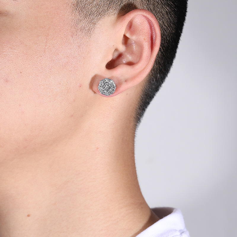 HIPHOP full diamond three-dimensional geometric earrings, personalized Instagram style fashion accessories, men's_voghion.com