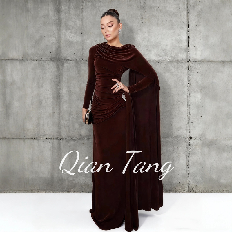 In-Stock Niche Solid Color Ruched Asymmetric Simple Slim-Fit Floor-Length New Dress with Irregular Long Skirt and New Ribbon