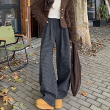 韩系松弛感灰色山本裤女秋冬2025新款显瘦高腰毛呢休闲垂感格子裤