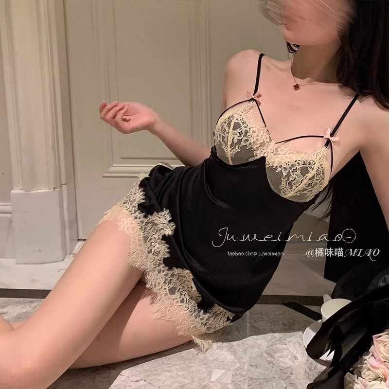 Princess Oran Autumn and Winter Sexy Lace Sweet Pajamas with Chest Pad Satin Sling Nightgown Home Clothes for suit