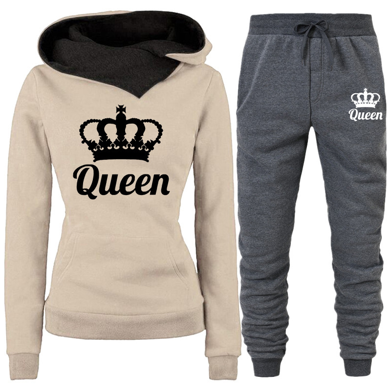 Spring And Autumn Women's Sweatshirt Two-Piece QUEEN Print Tracksuit Hoodie Jogging Set Sports Pants_voghion.com